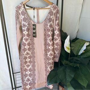 NWT The Kardashian Collection Nude Lace Print Longsleeve Dress / Size M